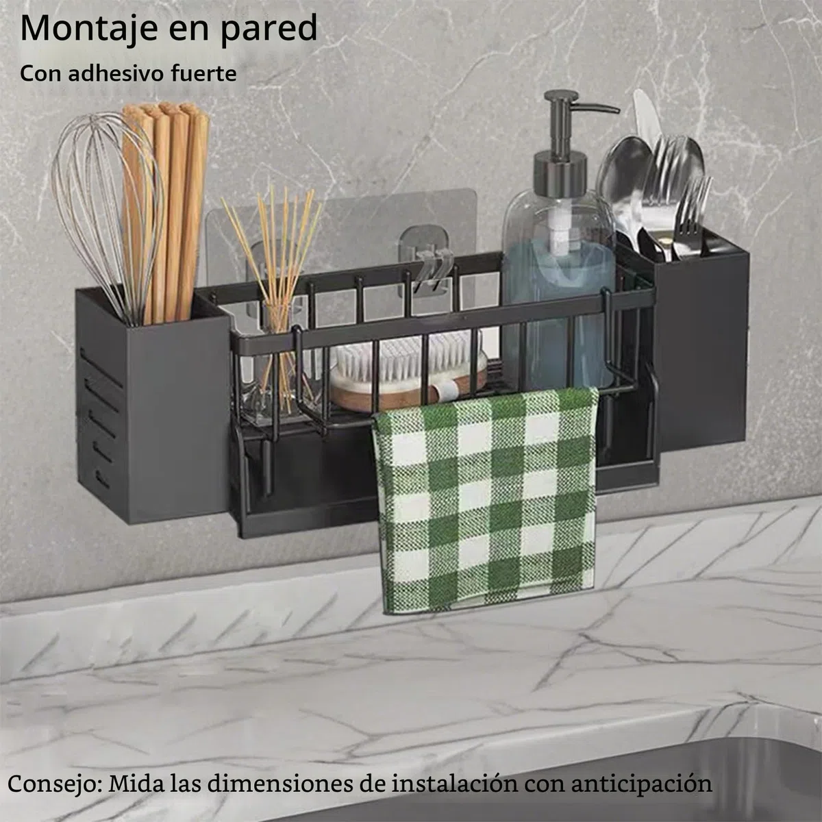 Organizador Fregadero Cocina, Organizador de Fregadero con Soporte para Trapo de Cocina & Caja de Almacenamiento, Organizador de Fregadero de Metal con Bandeja de Drenaje Automática (Negro)