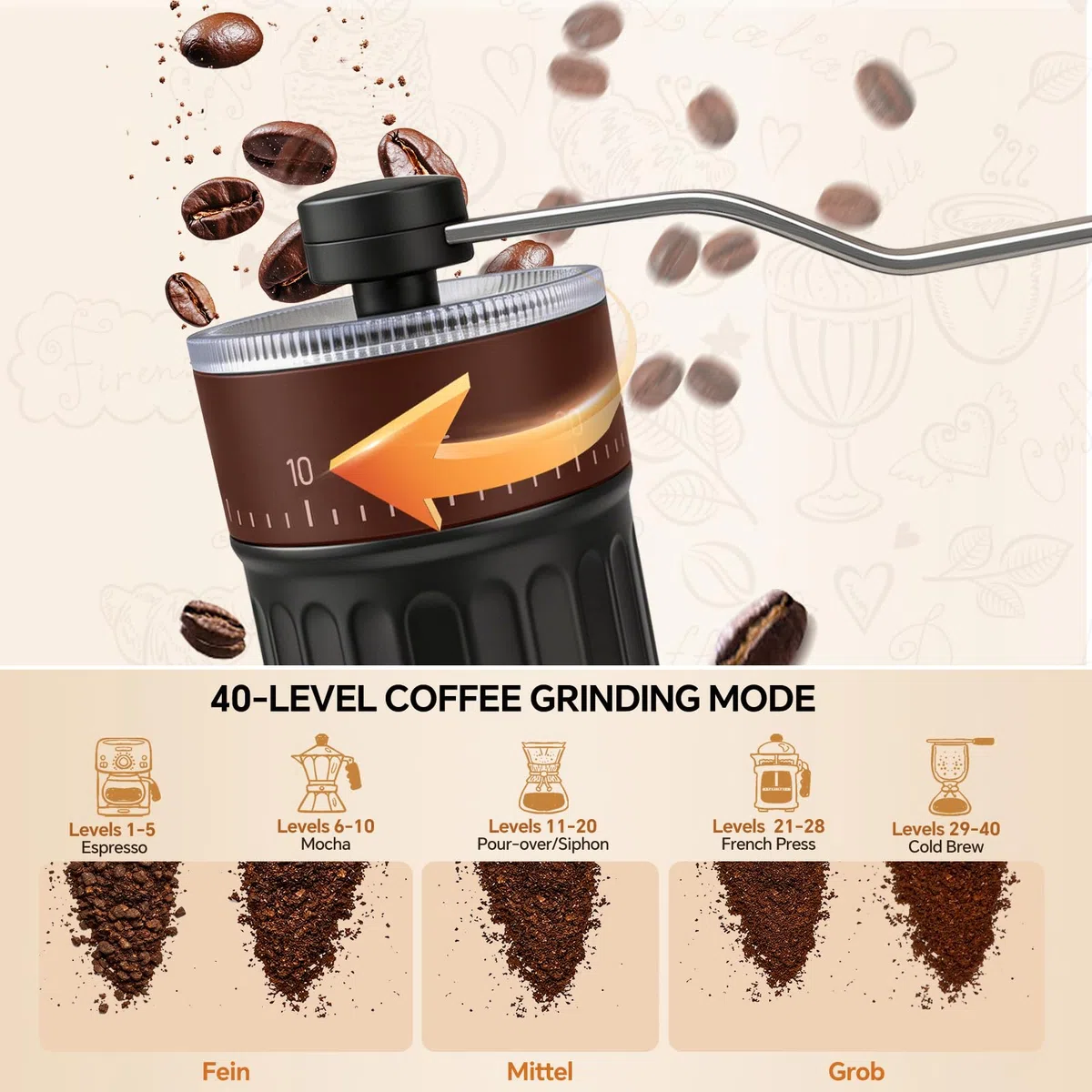 Molinillo de café manual, Molinillo portátil de mano con cuchara, cepillo y bolsa de transporte, cuenta con 40 ajustes externos de molienda, Ideal para preparar espresso y café de vertido