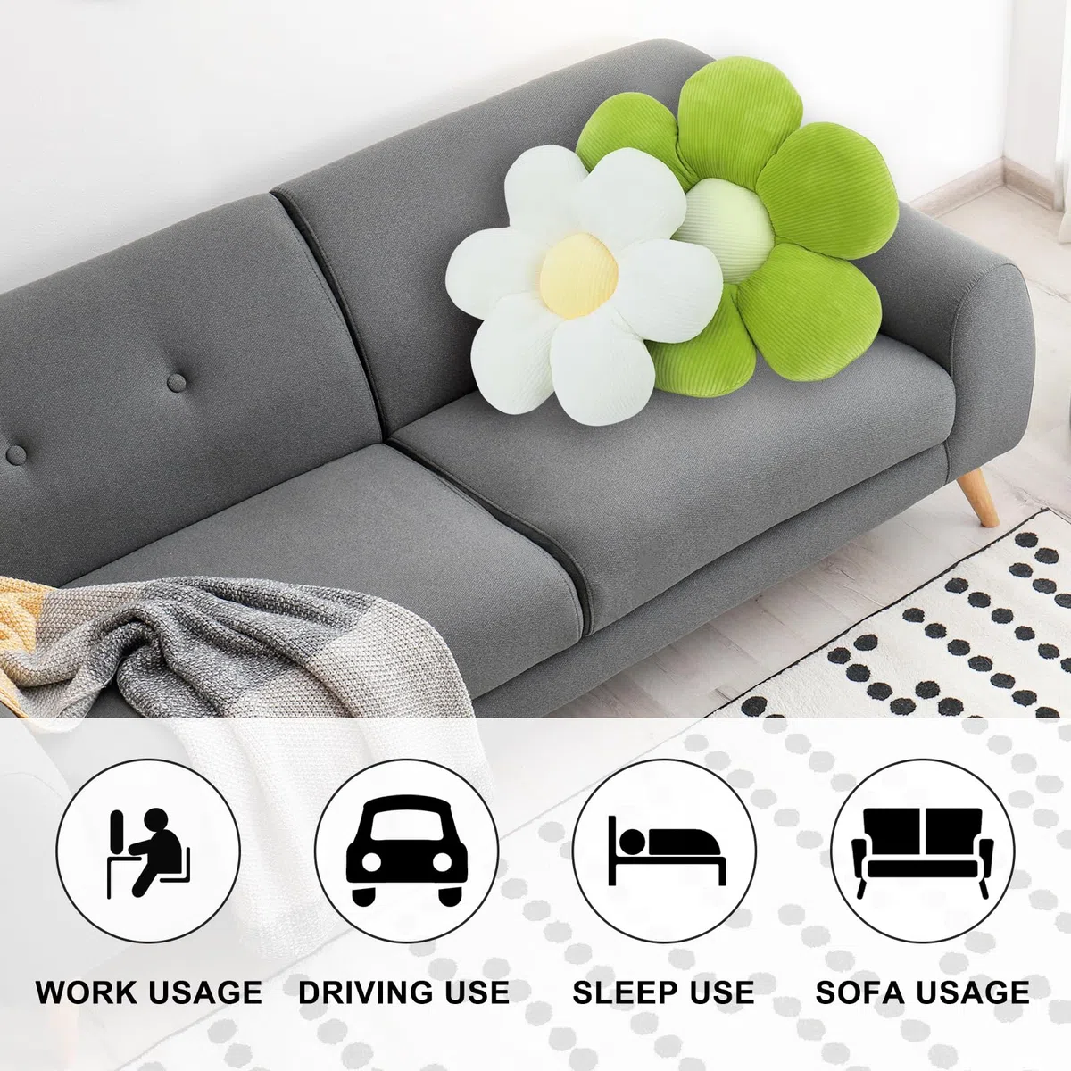 QKURT 2 Almohadas de Flores, Almohada de Piso con diseño de Flores, Cojín con Forma de Margarita, Cojín de pétalo Suave y Esponjoso para el hogar Sofá Coche(Verde)