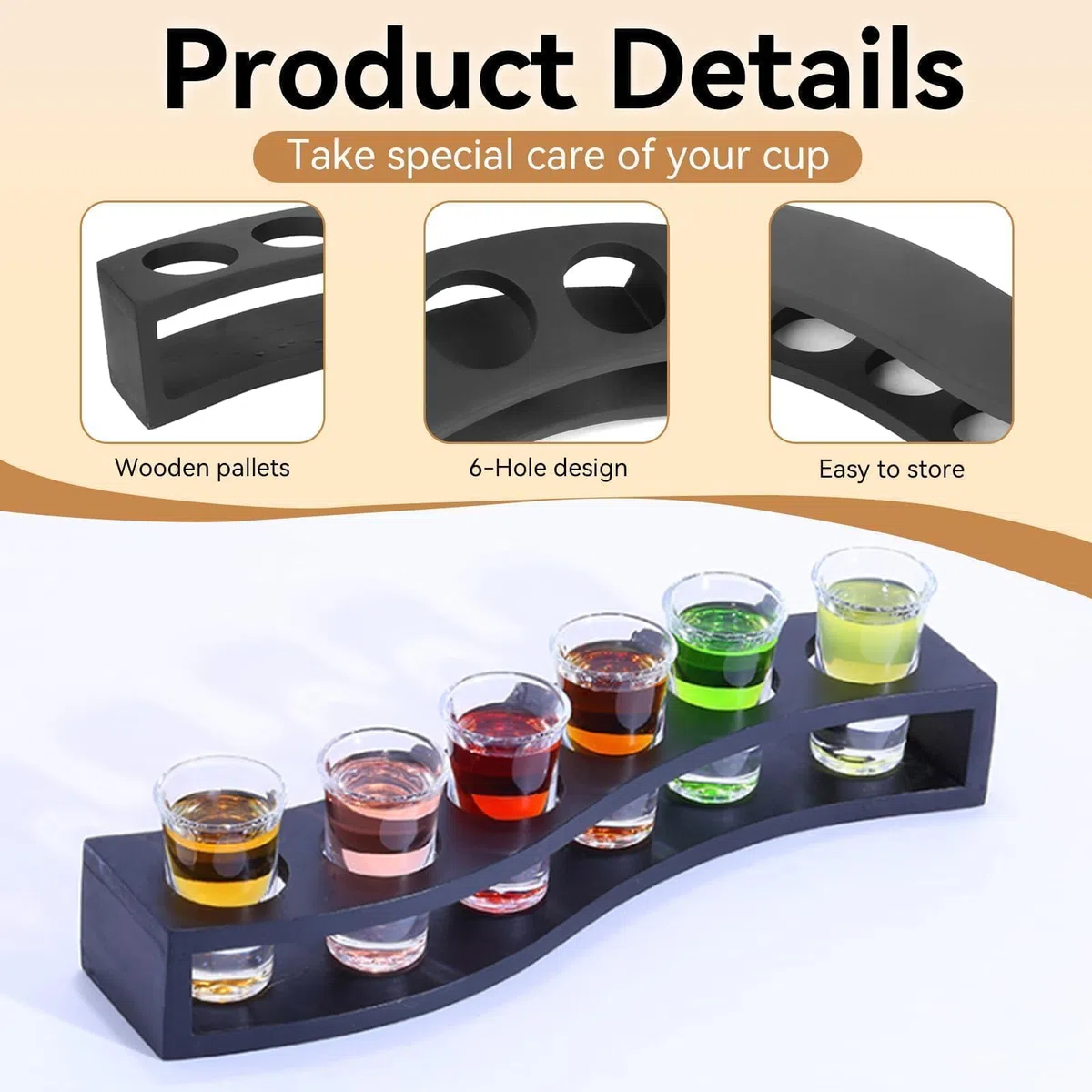 Vasos de chupito Soporte para cócteles, organizador de tablas para servir bebidas, 6 agujeros, paleta de bebidas de madera, bandeja para servir vasos de chupito negros para barra de fiesta en casa(02)