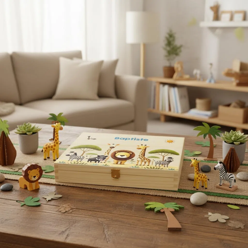 Cubiertos infantiles personalizados con estuche impreso - motivo safari - regalo nacimiento, cumpleaños, bautizo