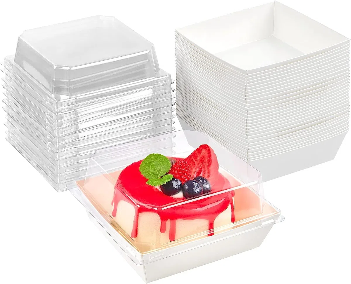 LATERN 50 Piezas Cajas para Rebanadas de Pastel con Tapas Transparentes, 12CM Papel a Prueba de Aceite Cajas de Postres Cupcakes Cajas para Llevar para Galletas Sándwich Macarrón Panadería (Blanco)