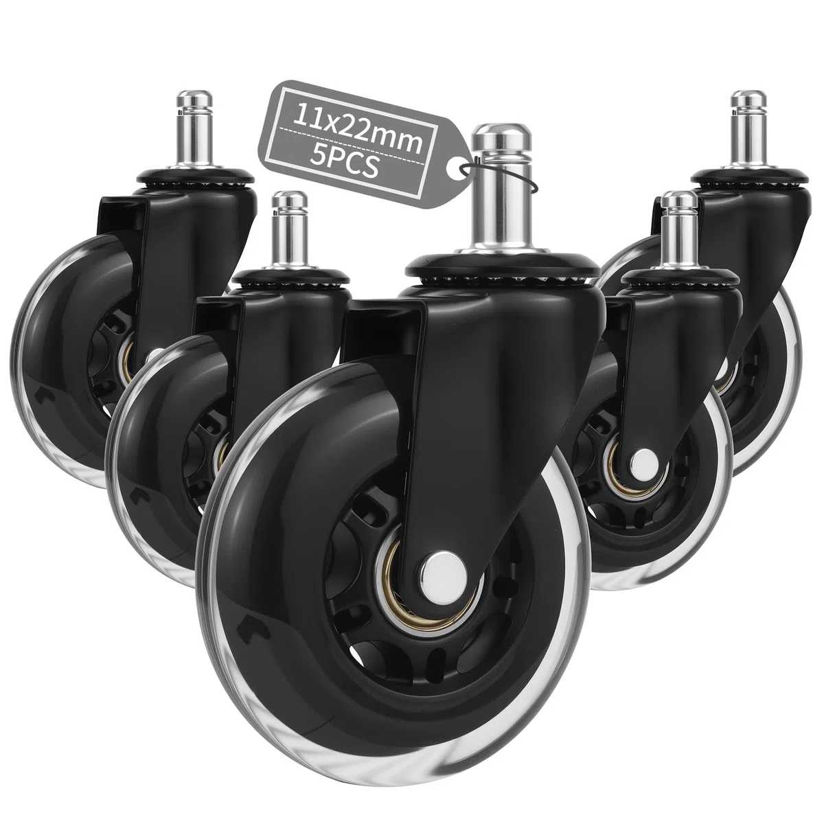 5 piezas Ruedas Silla Oficina, Ruedas para sillas oficina 11 mm x 22 mm, MAX 300kg, Rotación suave y ultra silenciosa de 360 ​​grados, para Pisos duros, paneles, alfombra, laminado y azulejos