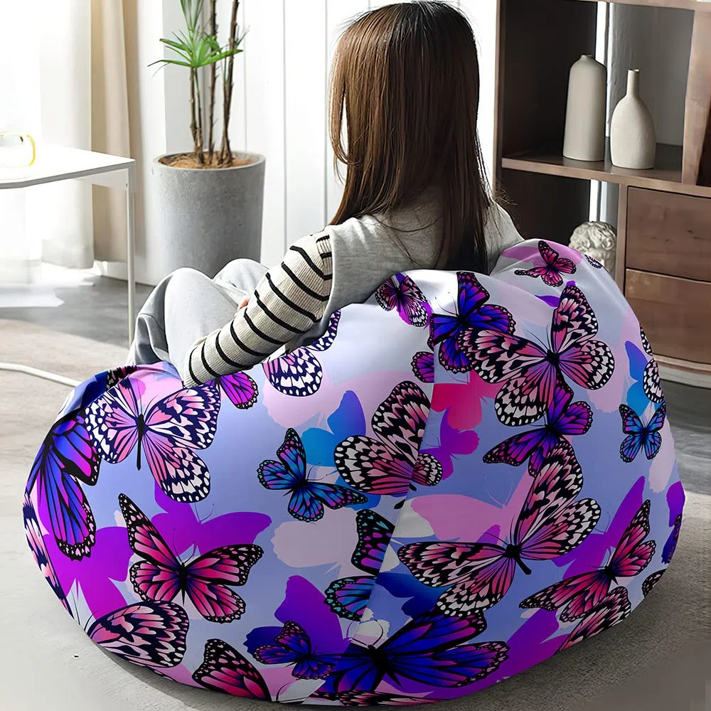 Fansu Puff 3D Mariposa Puff Salon Bean Bag Grande para Adultos y Niños, Puf Sin Relleno Bolsa Almacenamiento de Ropa, Puff Infantiles para Uso Interior y Exterior (90x110cm,Púrpura)