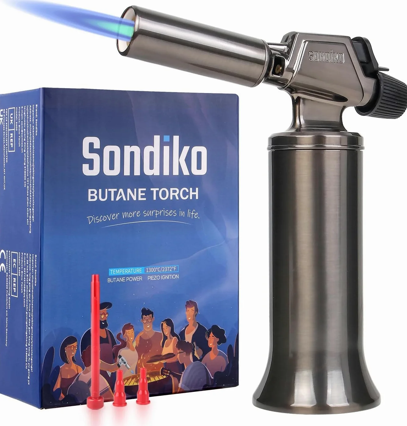 Sondiko Soplete de Butano, Metal de Calidad Prémium, Soplete de Llama Grande, Soplete con Llama Regulable y Resistente al Viento para Cocinar, Bricolaje y Soldadura (Butano no Incluido)