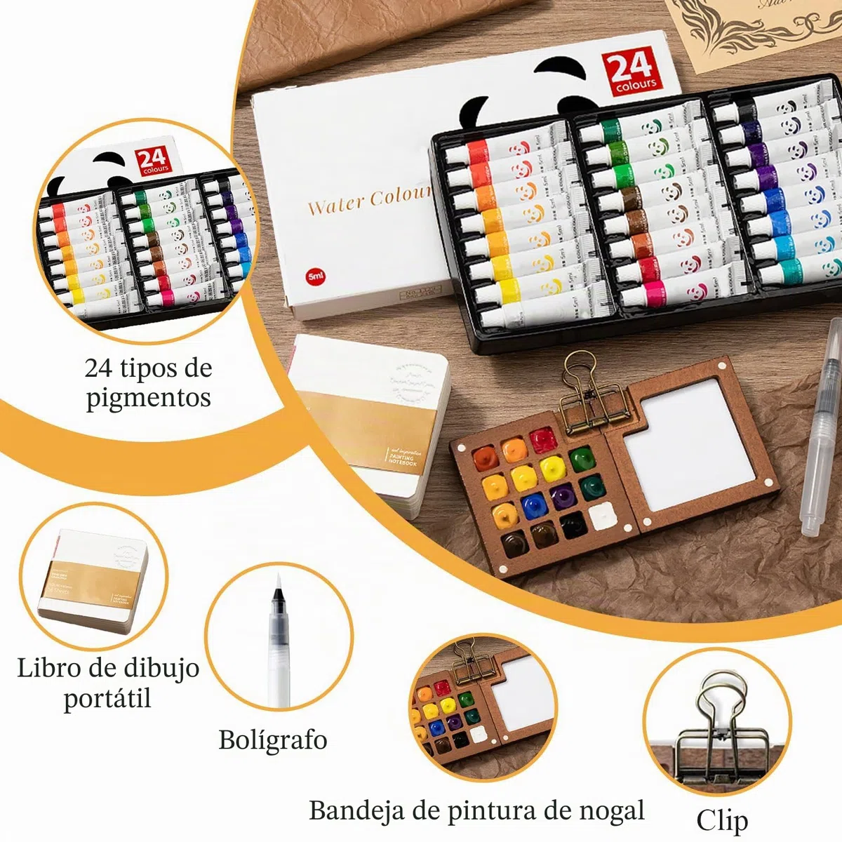 Set de Mini Acuarelas Portátil con 24 Colores Intensos 15 Rejillas Mini Almohadilla de Pintura para Viajes con Clip Metálico para Artistas Estudiantes Viajes