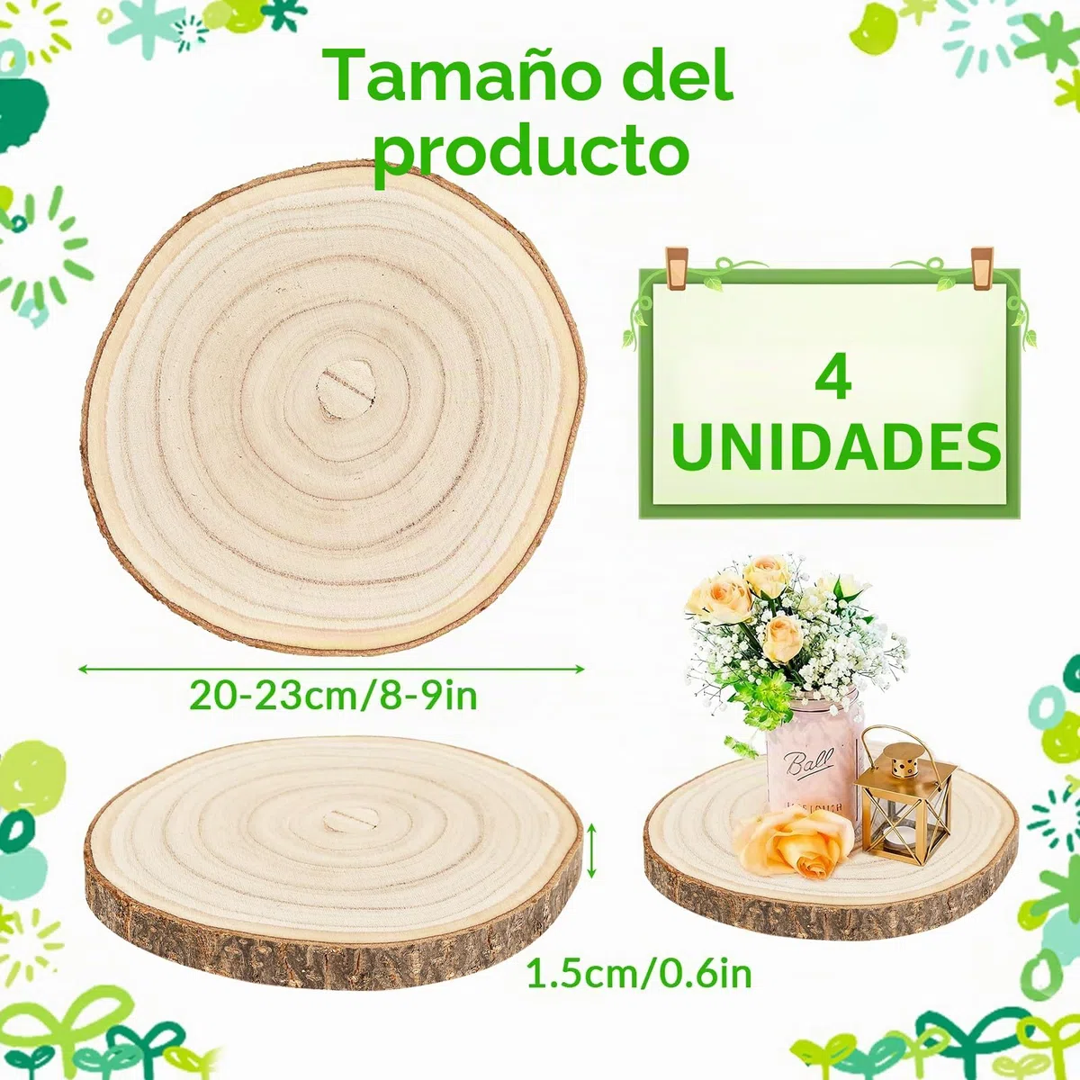 4 Unidades De 20-23 cm Rodajas de Madera, Troncos Madera Decoracion, Manualidades, Rodajas con Corteza para Arte de Navidad, Adornos para Manualidades