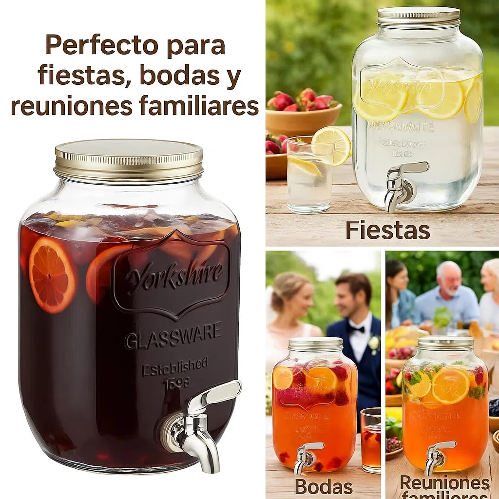 Dispensador de Bebidas de Vidrio 5L con Grifo, Refrigerador Hermético, Ideal para Jugo, Cócteles, BBQ, Fiestas, Piscinas y Eventos al Aire Libre