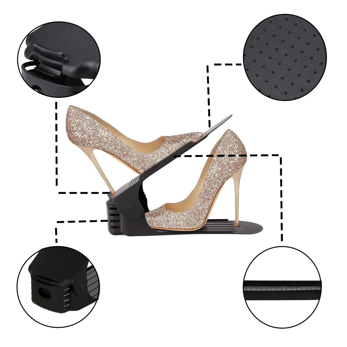 LATRAT - Juego de 10 soportes y apiladores para zapatos ajustables, almacenamiento eficiente, 50%, zapatero antideslizante, soporte de plástico negro, 25 x 6,5 cm