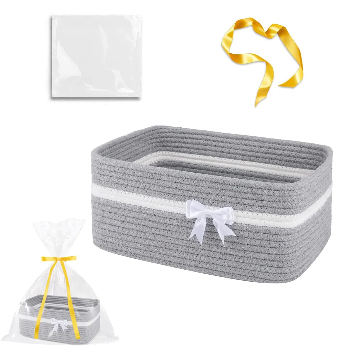 Cesta de Regalo Vacía, Cesta de Almacenamiento Trenzada, 34,5x25,5x15cm, Cesta de Cuerda de Algodón Tejida con Mango, Incluye Bolsa de Regalo y Lazo, Ideal Para Guardar Aperitivos y Juguetes, Gris
