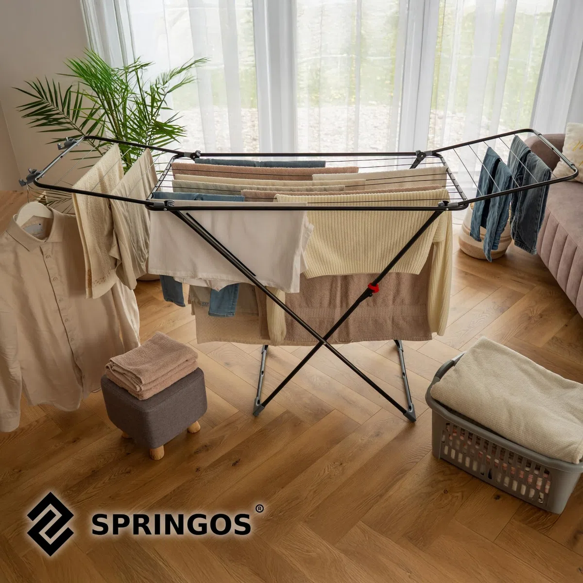 SPRINGOS - Tendedero para balcón plegable 3en1 con 17 metros de superficie de secado para ropa, prendas y ropa interior. Soporte para secar en el balcón, radiador y bañera