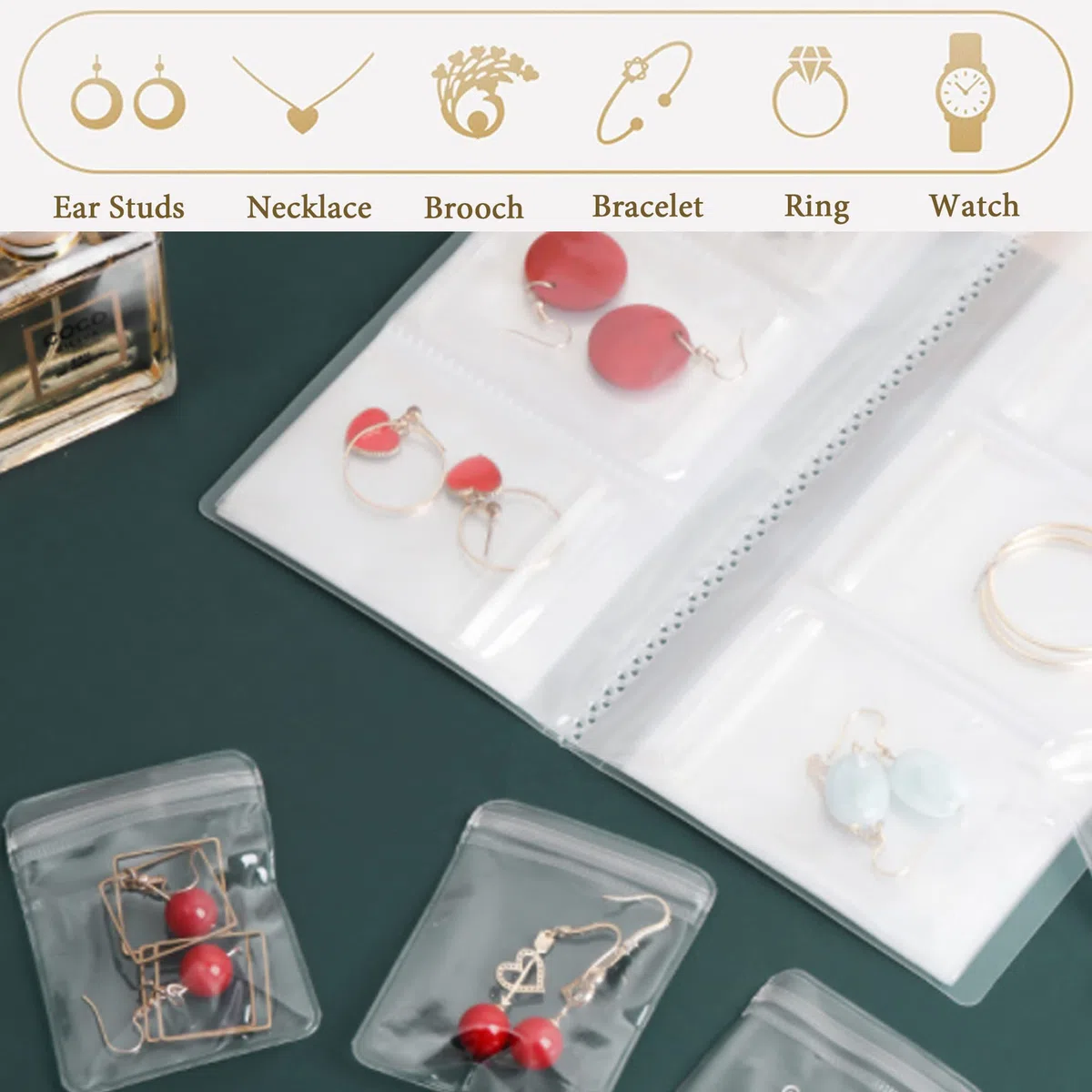 Libro de almacenamiento de joyas, antioxidación y anti-Terning, bolsas de joyería transparentes para anillos, pendientes, pulsera, broche (80 cuadrículas + 50 bolsas)