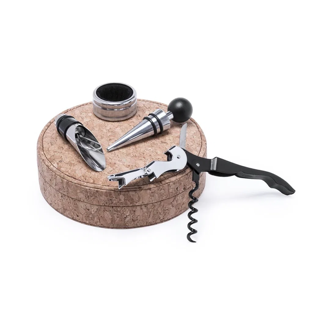 Set de Vino 5 Piezas en Estuche Corcho Natural | Sacacorchos 2 Tiempos, Tapón, Dosificador, Recogegotas Acero Inoxidable | Kit Vino Regalo Sommelier