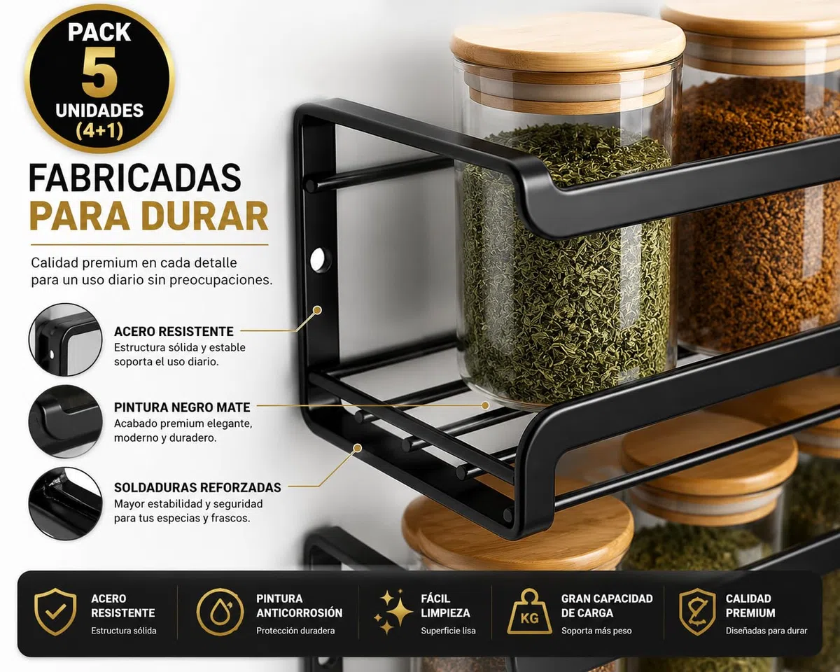 Especieros para Cocina, Pack de 5 (4+1 Extra), Organizador de Especias, 5 Estanterías Metálicas Negro Mate, Sin Taladrar, para Armarios y Baño, Incluye Nivelador, Adhesivo o Tornillos