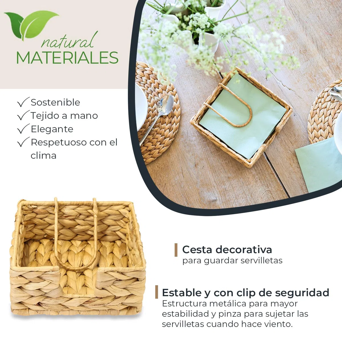 HMF Servilletero trenzado de jacinto de agua, servilletero con abrazadera de seguridad, 19 x 19 x 8 cm