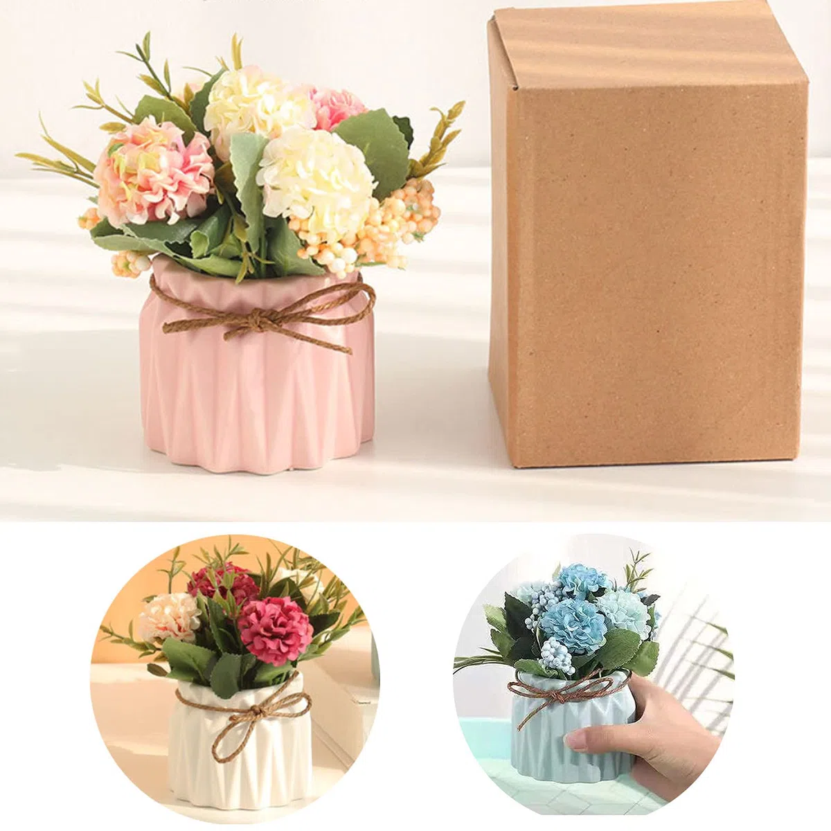 Lote de 2 Flores Artificiales Decorativas, Ramo de Flores Artificiales con florero, Planta Artificial en Maceta, Flores Artificiales, Hortensia de Seda para Boda, Oficina, Mesa de jardín