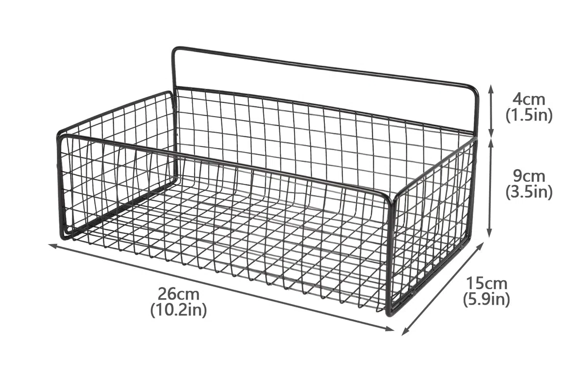 Cesta colgante de metal, 1 unidad, color negro, cesta de pared sin taladrar, cesta de almacenamiento para cocina, baño, despensa, dormitorio, estante de armario, cesta de alambre para montaje