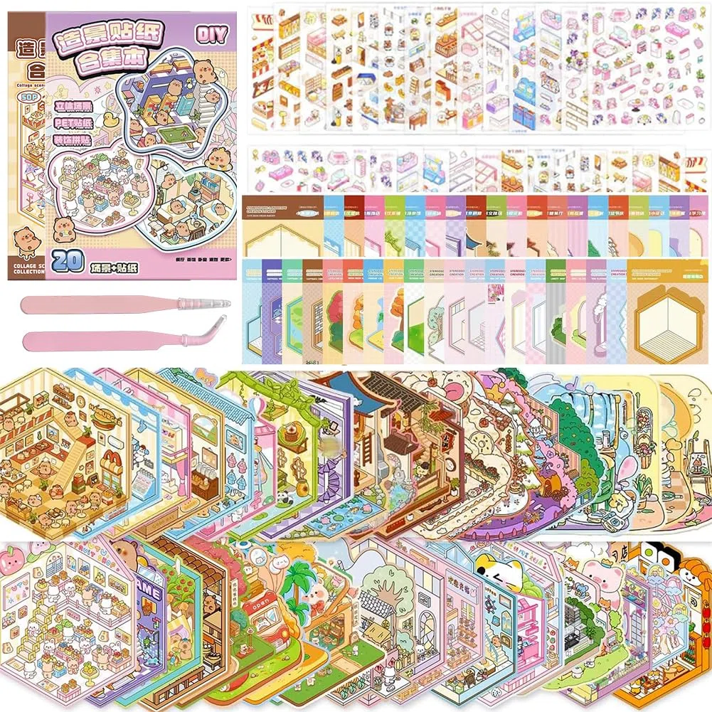 Pegatinas 3D con motivos, 40 sets Libro de pegatinas 3D para aficionados al bricolaje, pegatinas autoadhesivas de PET para aliviar el estrés, pegatinas creativas para la decoración del hogar