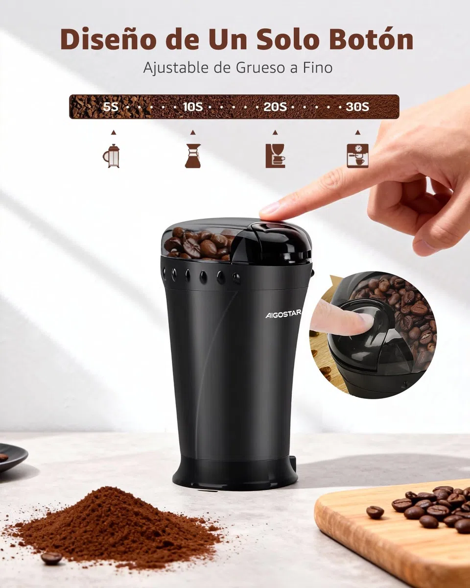 Aigostar Molinillo Cafe Electrico con Cuchillas Acero Inoxidable - 60g 200W Molinillo de Cafe, Cepillo de Limpieza Incluido, Libre de BPA, Para Moler Granos de Café, Especias & Semillas