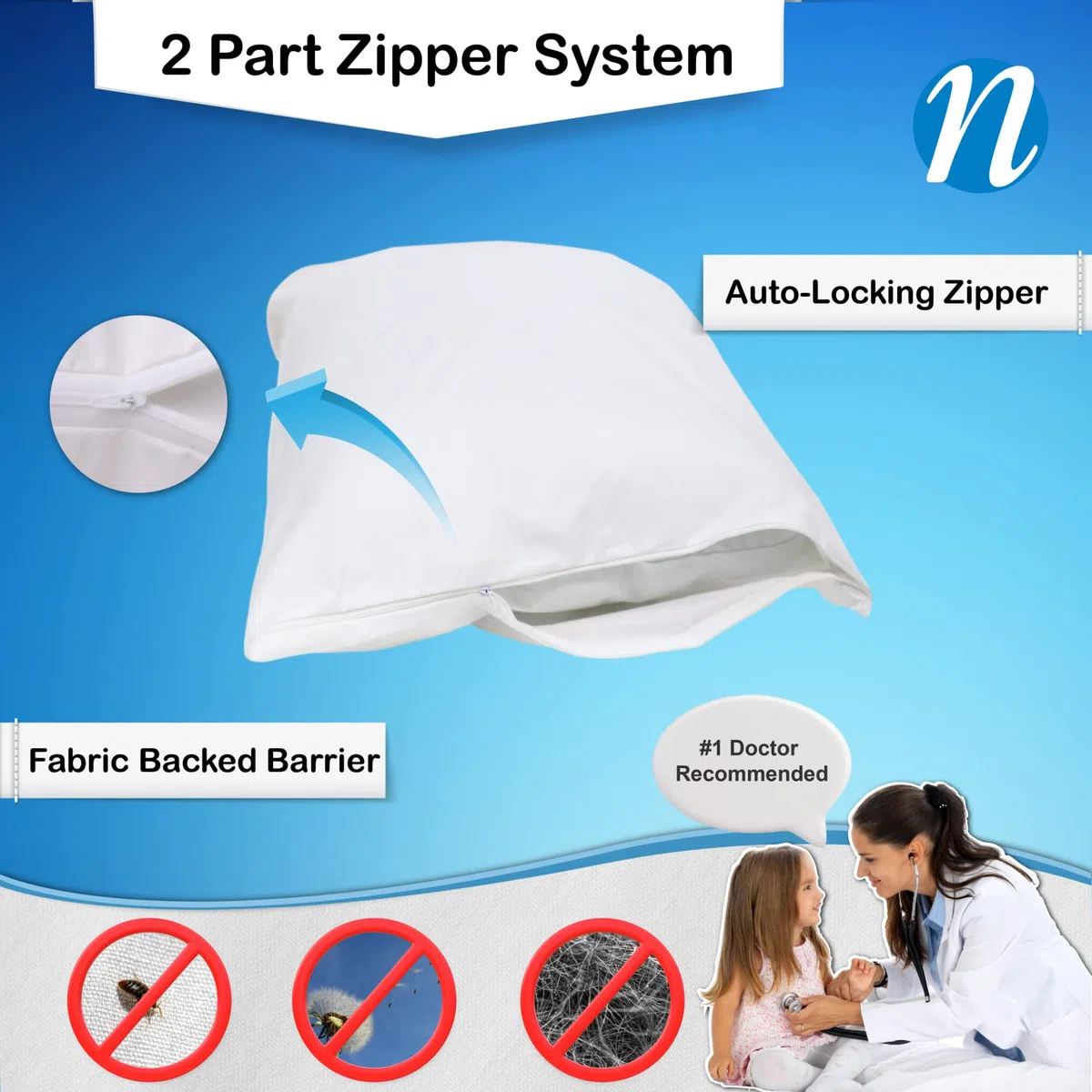 National Allergy Protector de Almohada 100% algodón con Cremallera, tamaño estándar, Color Blanco, Paquete de 2, 300 Hilos, Funda de Almohada hipoalergénica con Cremallera, Funda Transpirable
