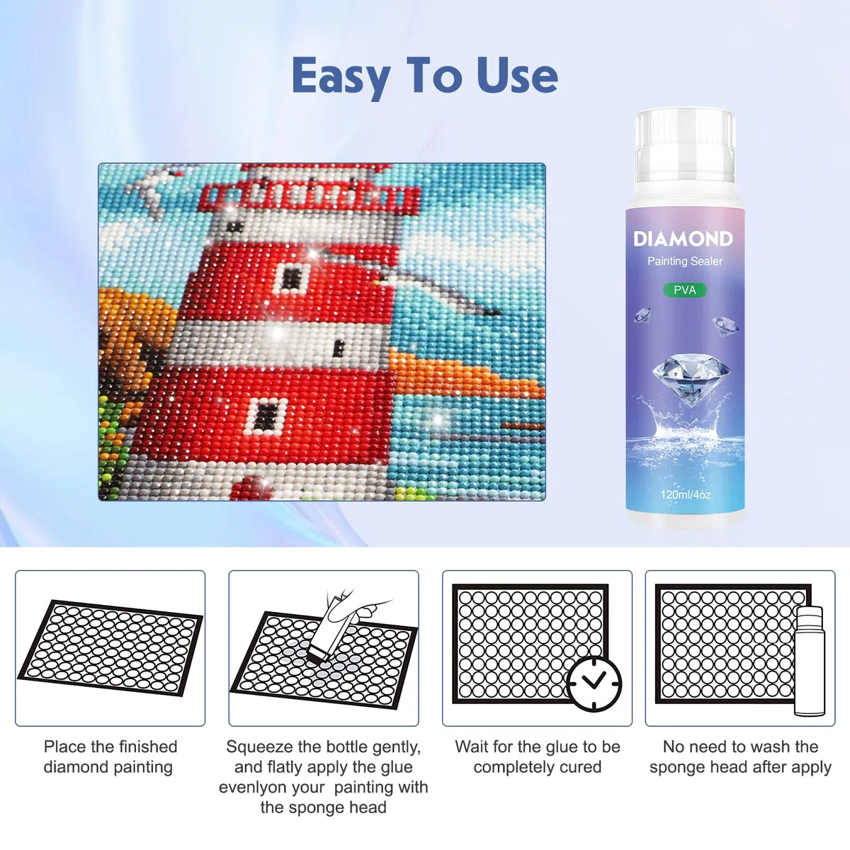 NAIMOER Sellador de pintura de diamante de 120 ml, sellador de pintura de diamante con cabezal de esponja, kits de pintura de diamante 5D, sellador de efecto de brillo permanente