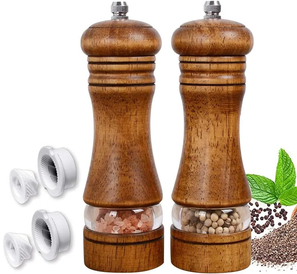 2 Piezas Molinillos de Pimienta, Molinillo de Sal y Pimienta Manual de Madera con Ventana Acrílica Transparente,para Pimiento, Sal Gorda, Hinojo（Con 2 accesorios de rotor cerámicos）