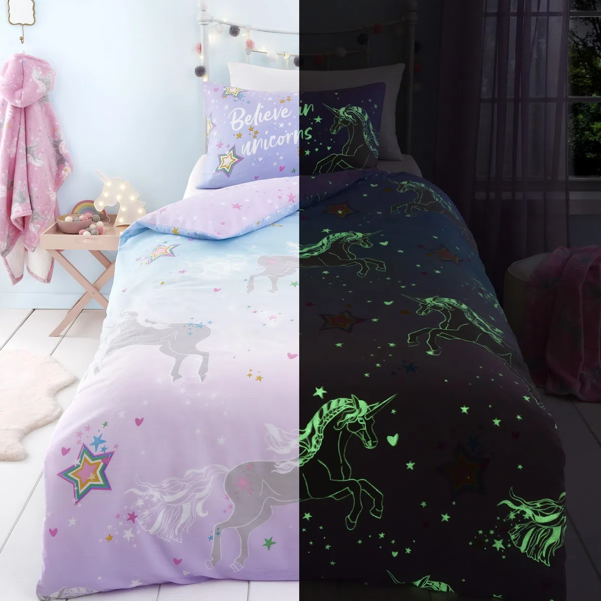 Bedlam - Funda de edredón de Unicornio Que Brilla en la Oscuridad - Tamaño Individual (200 x 140 cm) - Reversible (2 diseños) - Estrella mágica y Unicornio para niñas - Rosa Lila
