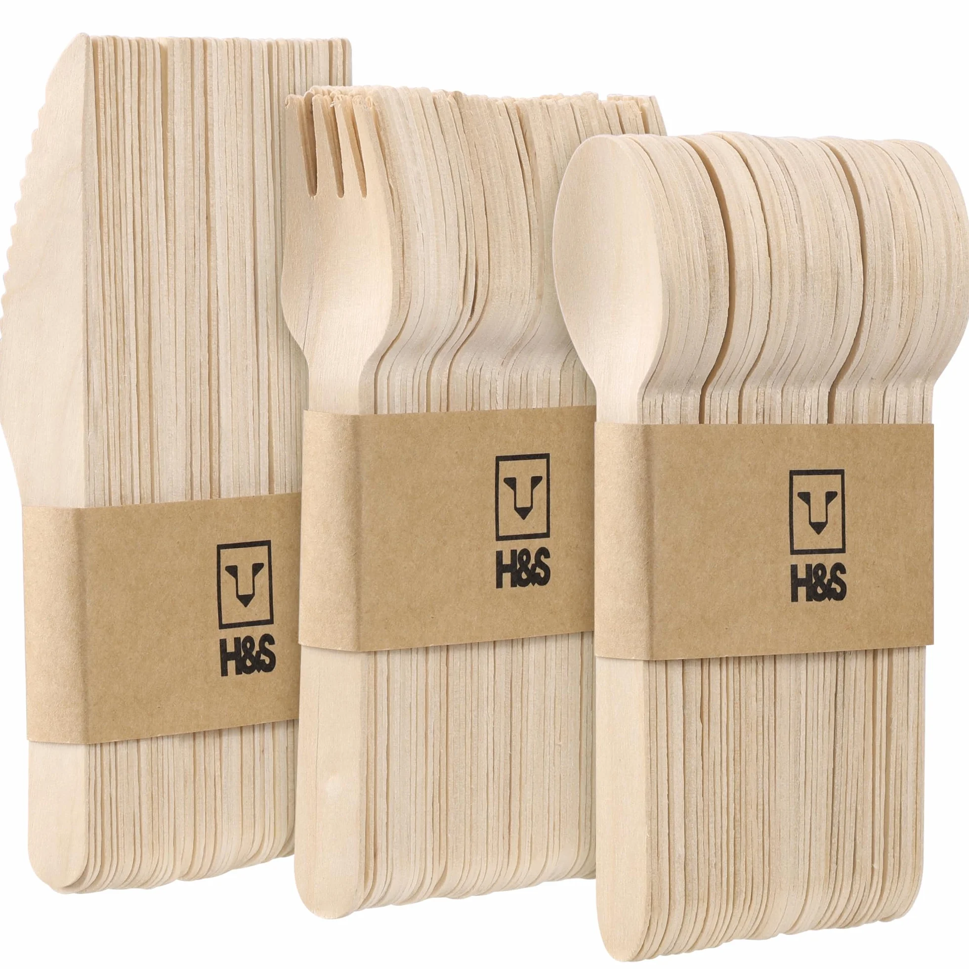H&S [150 Piezas] Conjuntos de cubiertos de madera (Desechable Biodegradable) Para Fiesta - 50 tenedores, 50 cuchillos, 50 cucharas