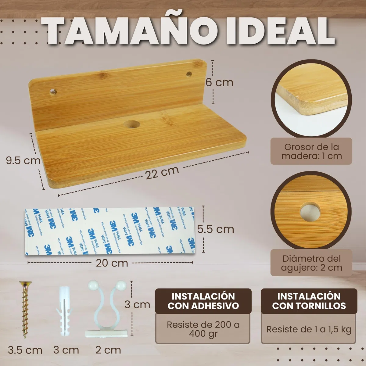 ️ 2 Baldas de Pared Sin Agujeros de Madera Bambu Pequeñas + 2 Adhesivos + 4 Tornillos con Tacos + 4 Clips Recoge Cables | Repisas de Pared sin Taladro | Estanteria Sin Agujeros (22 x 9,5 cm)