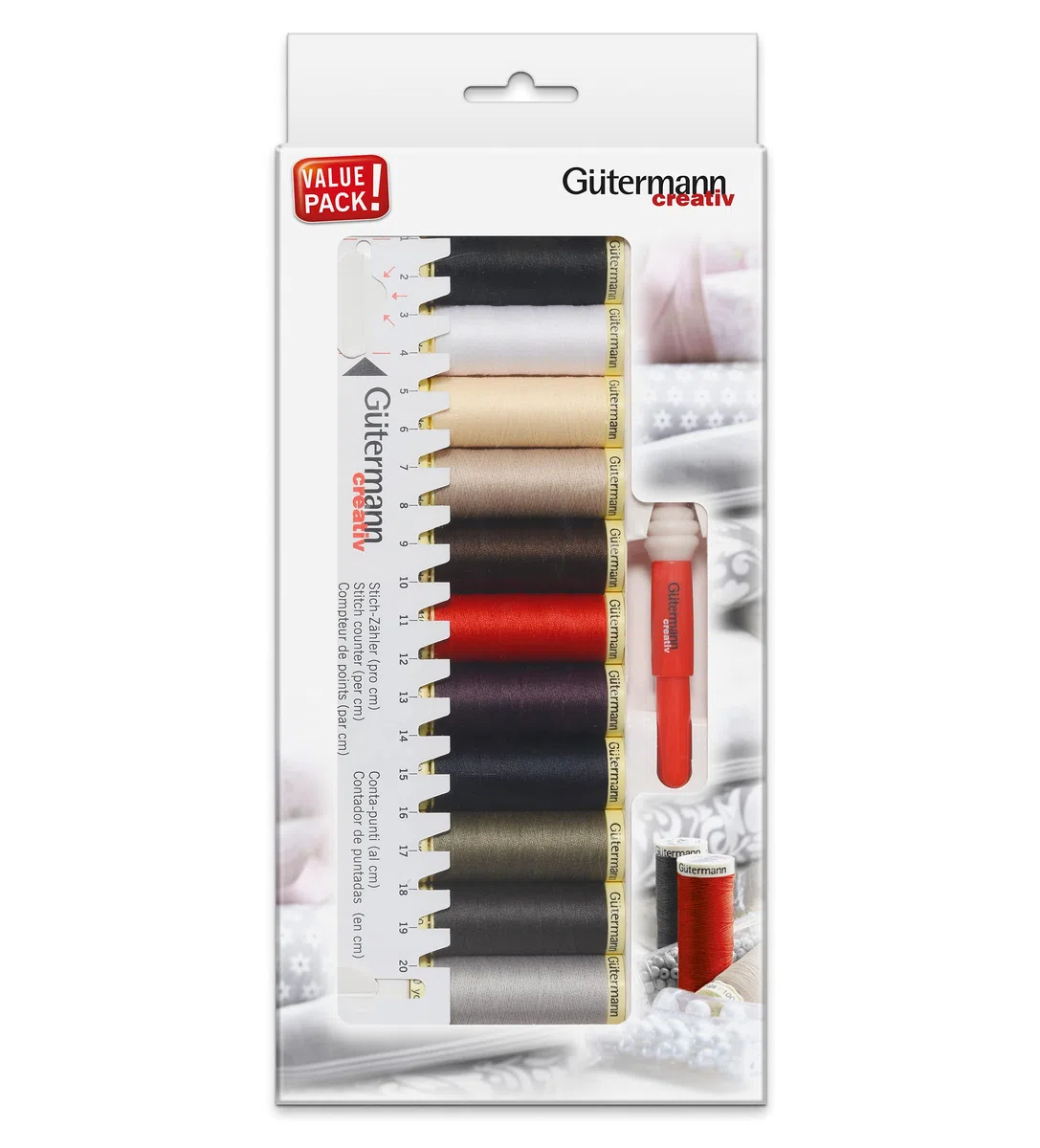 Gütermann creativ Set hilo de coser con 11 bobinas de Coselotodo de 100 m en los colores básicos + regleta + Seam-fix mini