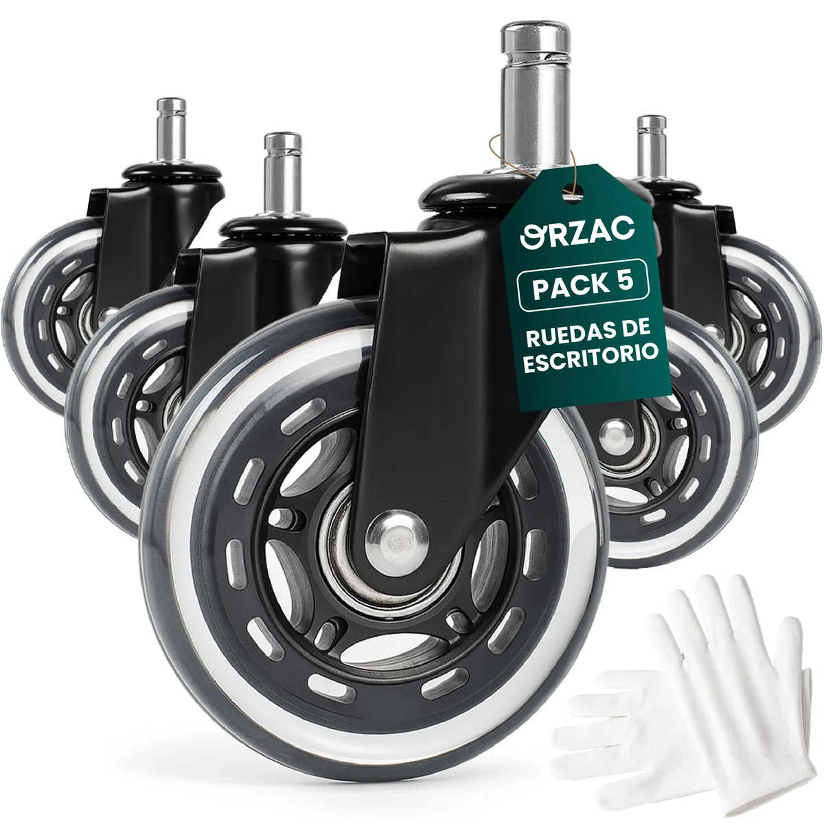 Ruedas Silla Oficina Goma para Gaming y Despacho | Vástago 10/22 mm Giro 360 | Set 5 Unidades con 2 Guantes | Silenciosas Antirayaduras para Parquet Vinilo y Madera Baldosas Recambios 10/22 mm