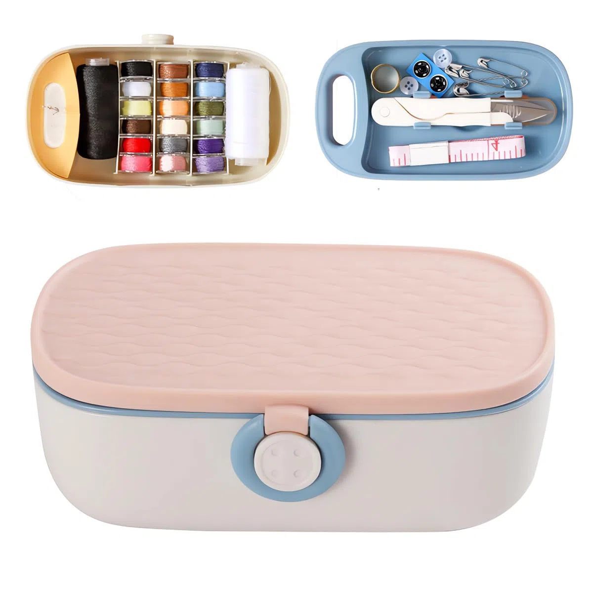 Kit de costura portátil con caja de almacenamiento, estuche de costura esencial con compartimentos y accesorios para uso doméstico y de emergencia, color rosa