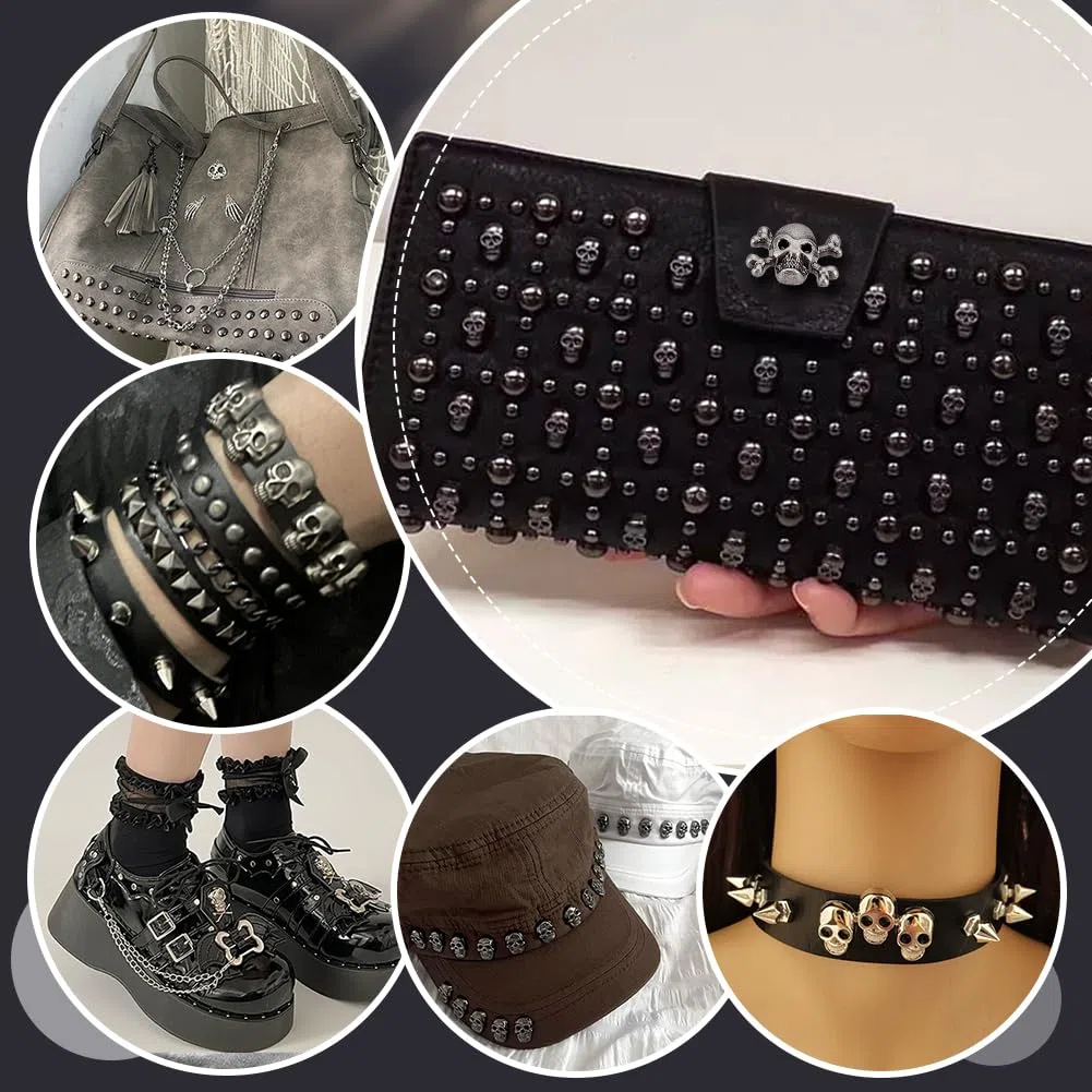 PH PandaHall 80 juegos de remaches de cabeza de calavera con rosca trasera, 4 estilos de remaches decorativos de calavera, remaches de esqueleto de plata envejecida para bolsa de ropa, cinturón de