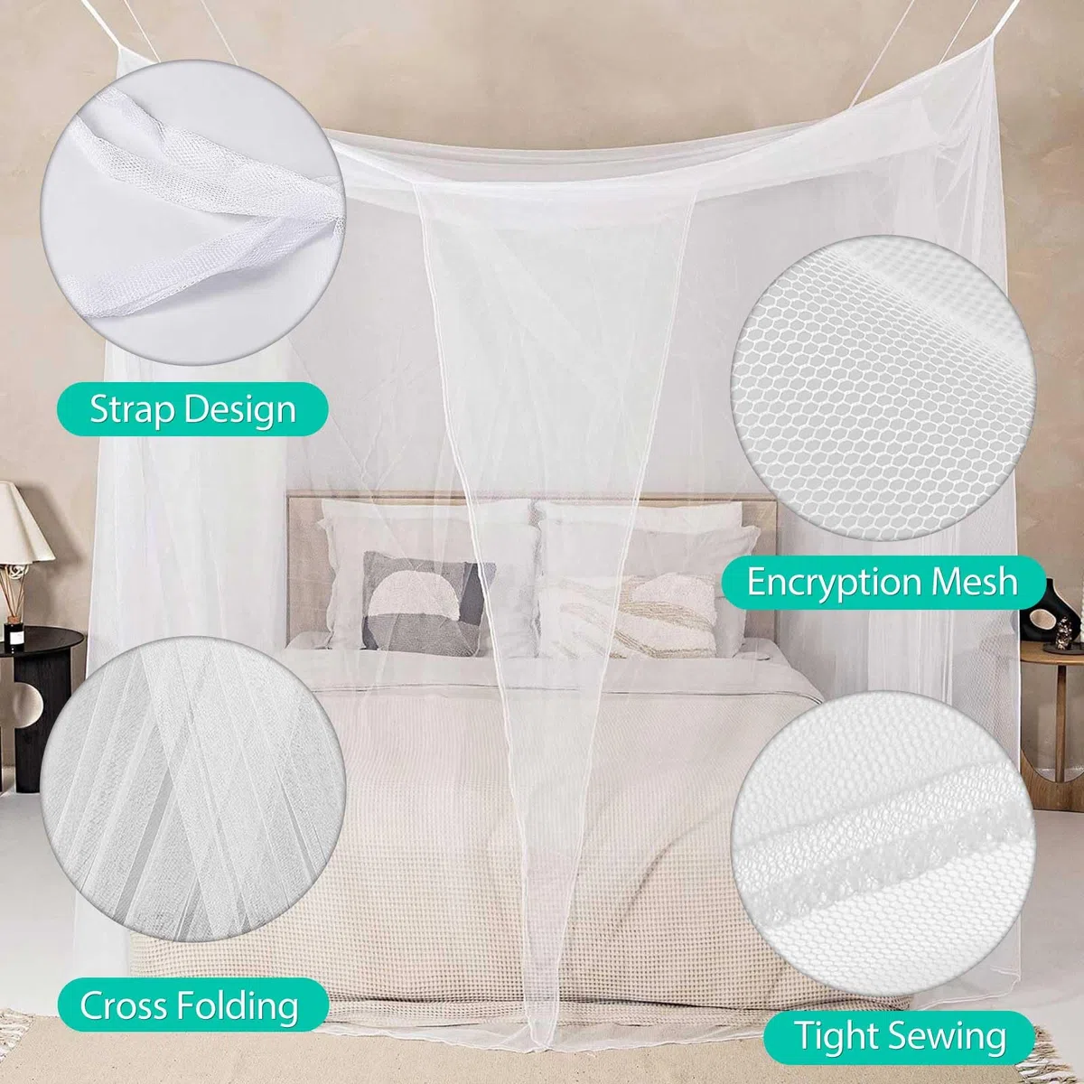 Mosquitera Cama Matrimonio Individual,Grande Dosel Cama Mosquitero,Mosquito Net for Bed Dosel con Kit de Montaje,Blanco Portátil Poliéster Malla Fina Mosquitera Viajes para y Hogar 200x180 x165cm
