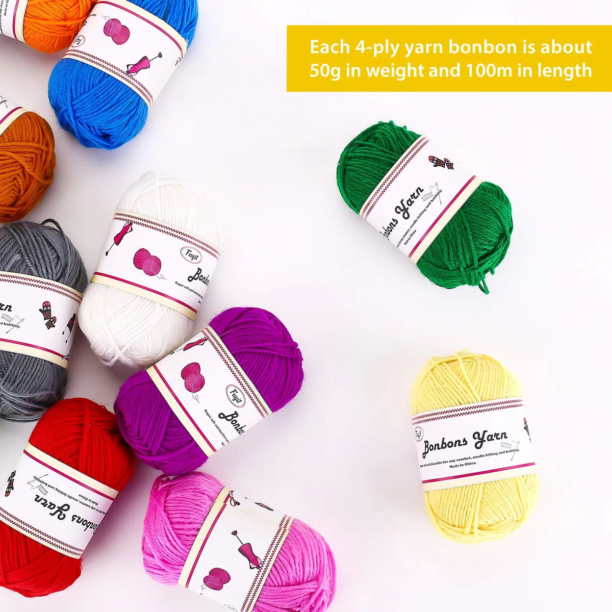 Fuyit Hilo de Tejer Acrílico de 600g (12 Colores x 50g) con 2 Agujas de Crochet, 100% Ovillos Acrílicos Perfectos para Cualquier Proyecto de Crochet y DIY Tejido
