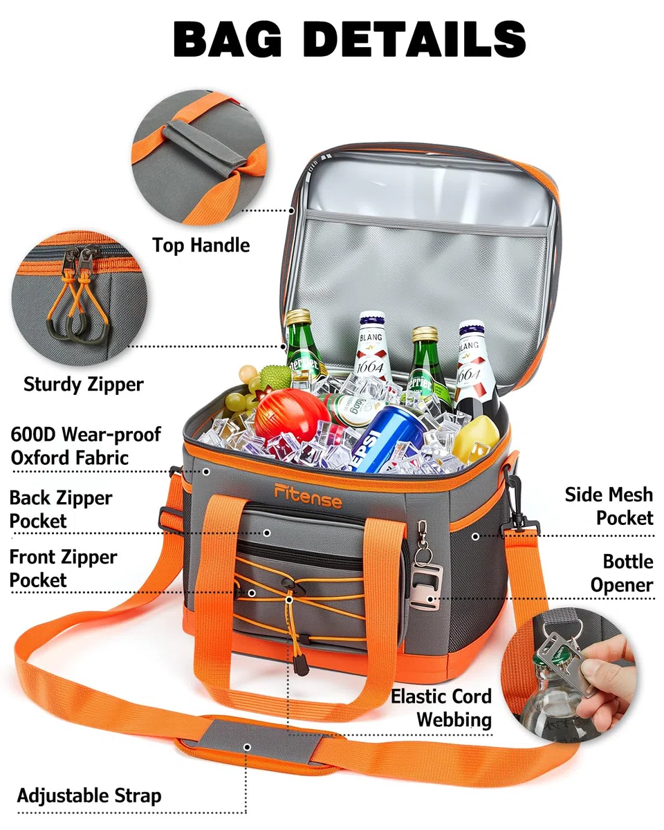 Bolsa Térmica Porta Alimentos 20/33L Plegable - Fitense Bolsa Comida Trabajo Impermeable con 4 Capas, Hielera Portátil para Playa, Viajes, Picnic, Camping, Grocery (30/50 Latas, 600D Oxford)