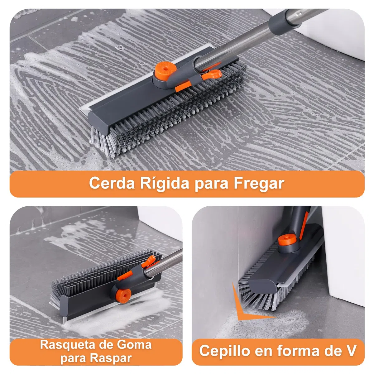 Mitclear Cepillo de Limpieza de Suelo con Mango Largo(122cm), 3-en-1 Escoba con Cerdas Duras & Rasqueta de Goma para Limpiar Azulejos, Pavimento in Legno, Cocina, Baño, Terraza Exterior, Patio Garaje
