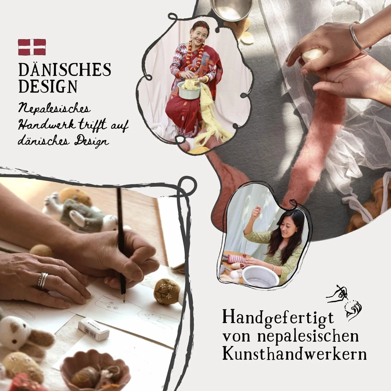 Gry & Sif Hecho a mano y certificado de comercio justo, elegante diseño danés x Nepali artesano | pequeño conejo blanco – niña con falda y campanilla de nieve | decoración de Pascua