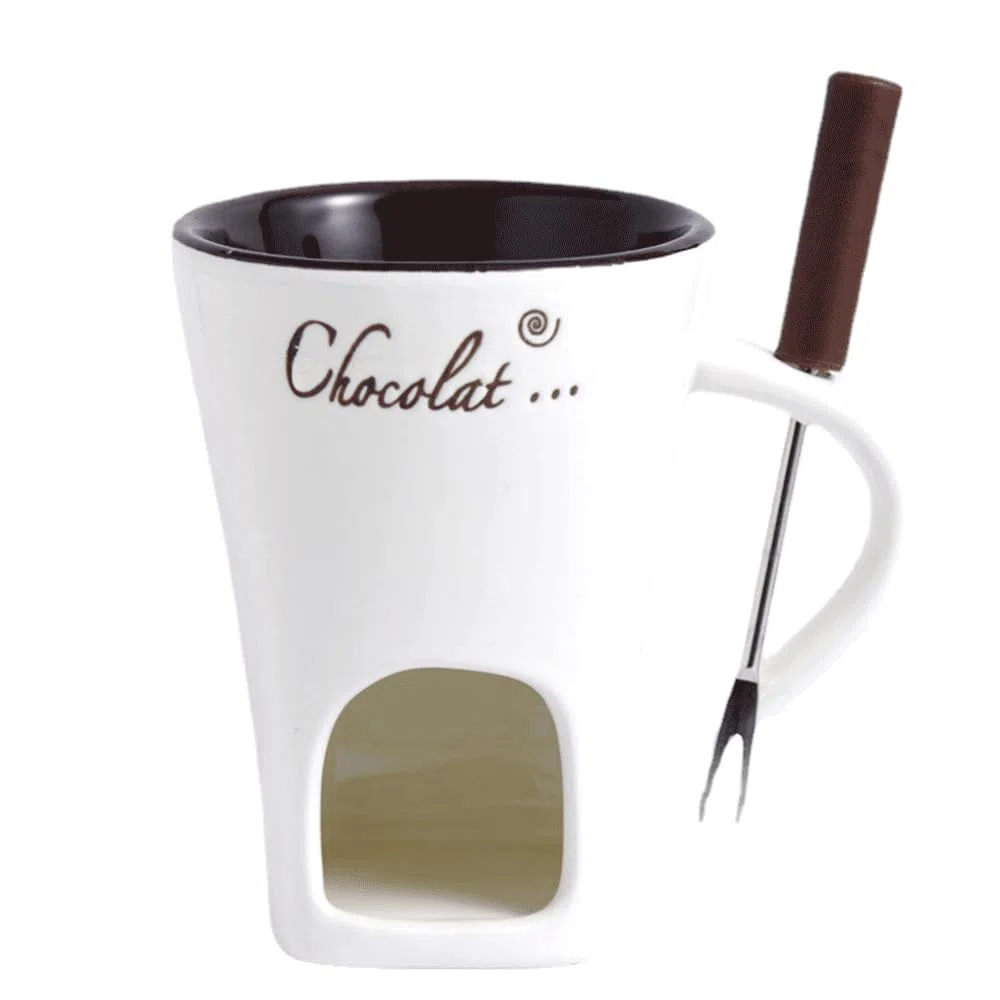 Genérico Fondue de Chocolate, 130ML Taza para Fondue, Taza para derretir Chocolate con Tenedor, Taza para Calentar Fondue para Fiestas de Dulces y bocadillos (Blanco)