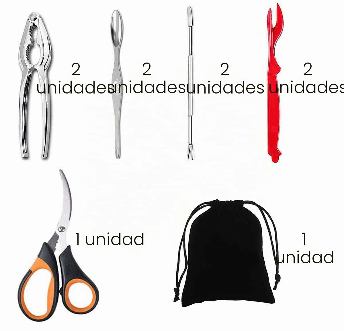 Artcome Juego de herramientas de marisco: 2 galletas de cangrejo, 2 peladoras de langosta, 2 tenedores de mariscos, 2 tenedores anchos de cangrejo, 1 tijeras de mariscos y 1 bolsa de almacenamiento