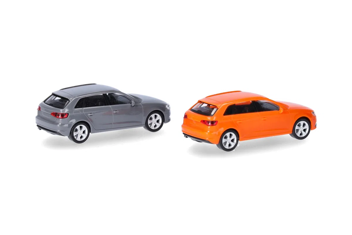 herpa Kit de Montaje MiniKit Audi A3 Sportback (2012) Naranja Brillante y Gris Nardò, 2 Unidades, Miniatura a Escala 1:87, artículo de colección, Kit para modelismo, plástico