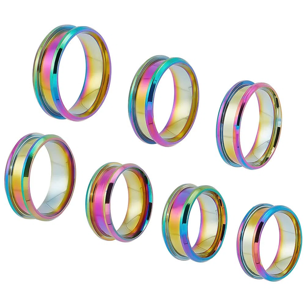 UNICRAFTALE 14 anillo de Núcleo En Blanco Arcoíris Tamaño 5-13 anillo Ranurado de Acero Inoxidable con Bolsas de Terciopelo Anillo Redondo Vacío para Anillos de Incrustaciones de Bandas de Boda