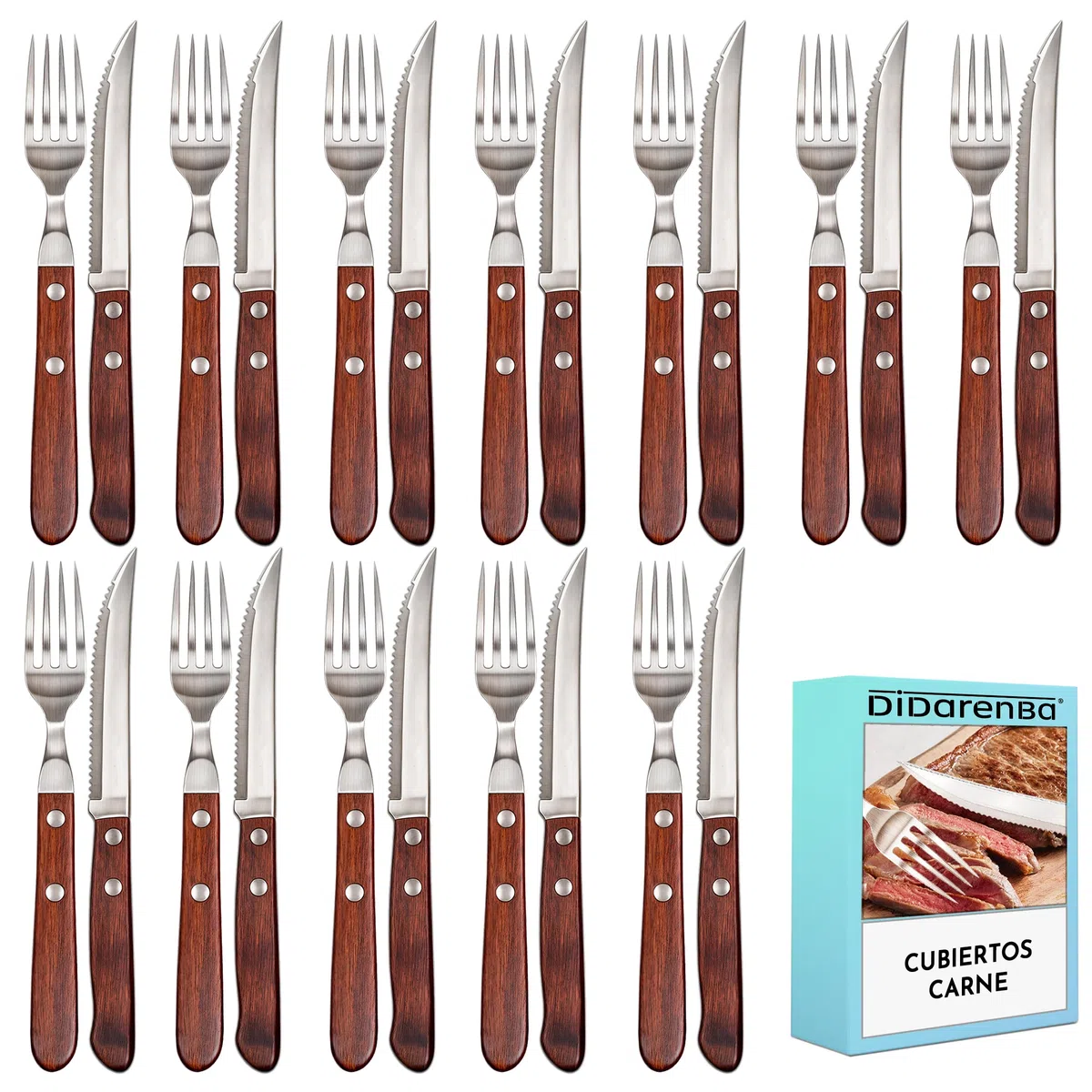 Cubiertos carne acero inoxidable madera 24 piezas con cuchillos carne 12 piezas y 12 piezas de tenedores de carne