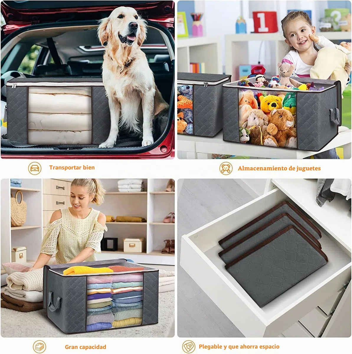 Cajas Almacenaje Ropa 6 Piezas, Bolsas Para Guardar Ropa no Tejido de Gran Capacidad, Bolsas Almacenaje Ropa con Cremallera y Mango Reforzado Suéteres, Abrigos, Mantas, 90L, Gris