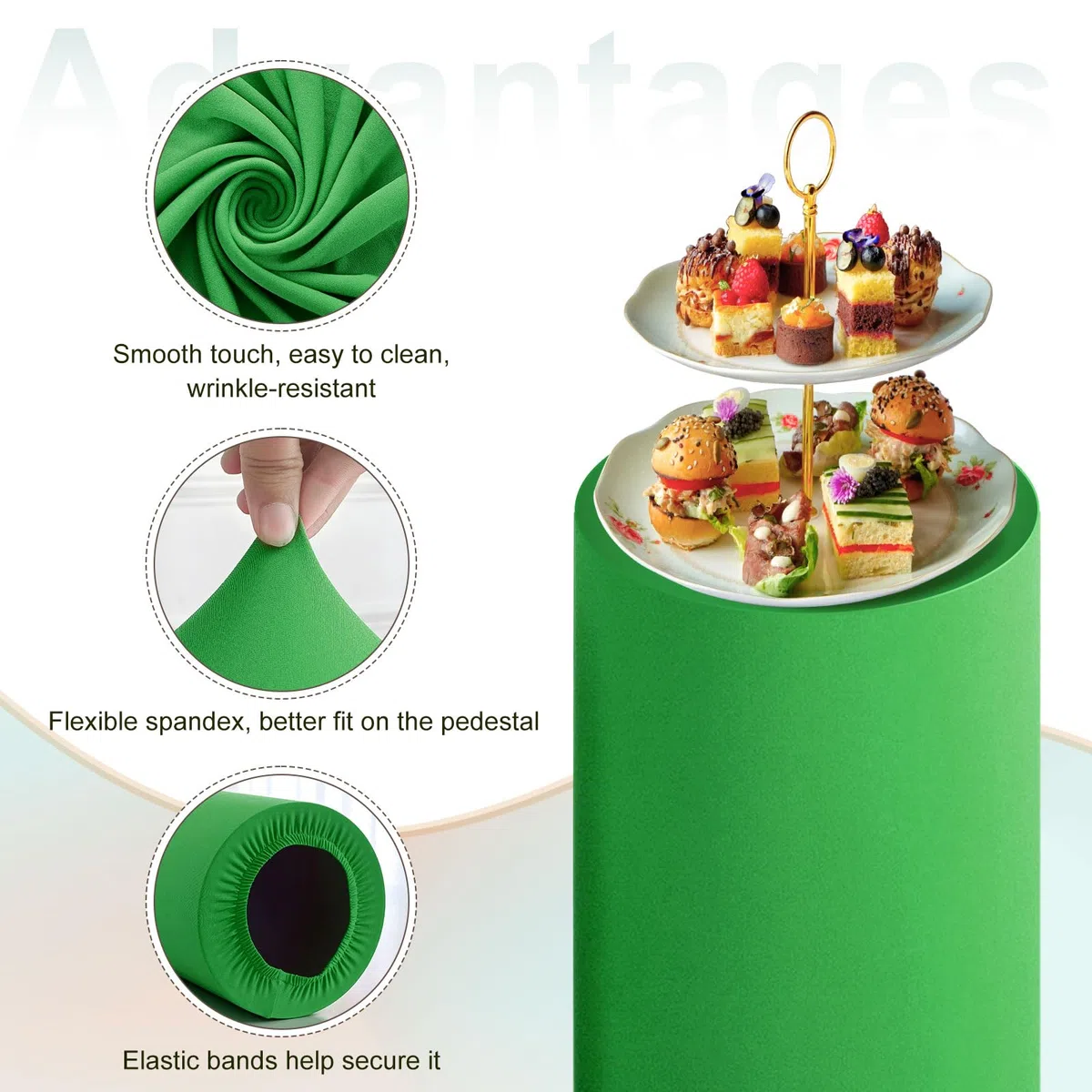 QUARKZMAN Juego De 3 Fundas De Pedestal Cilíndrico Verde De Spandex, Funda De Pedestal Para Decoración De Fiestas, Solo Contiene Fundas Cilíndricas (Tela Elástica - Pequeña)