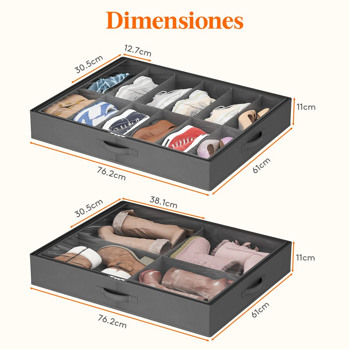 Lifewit Bolsas de Almacenamiento para Zapatos con Ventana Transparente, Cajas Almacenaje Zapatos Plegables Debajo de la Cama con Asas, Organizador Zapatos, Gris, 1 x 12 + 4 Pares
