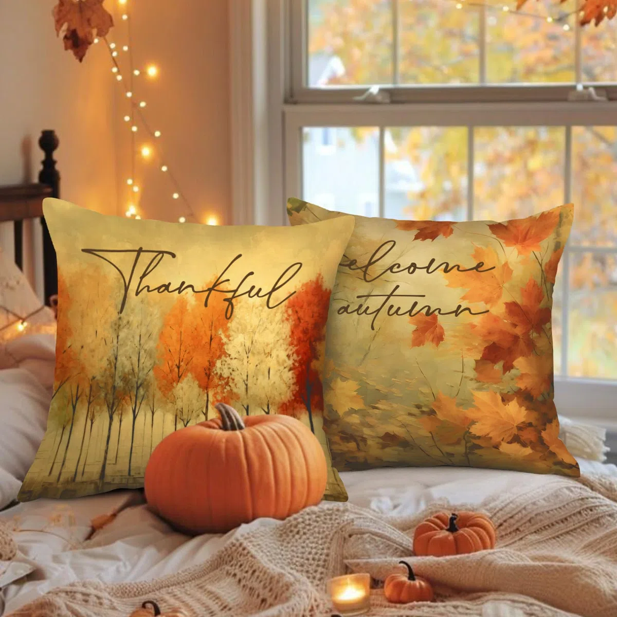 Benjia Juego de 4 Fundas Cojin Otoño 45x45 cm, Acuarela Calabaza Forest Hoja de Arce Fundas de Almohada día de Gracias Halloween sofá Decoración Hogar 45 x 45 cm Decorativa de Almohada de Vacaciones