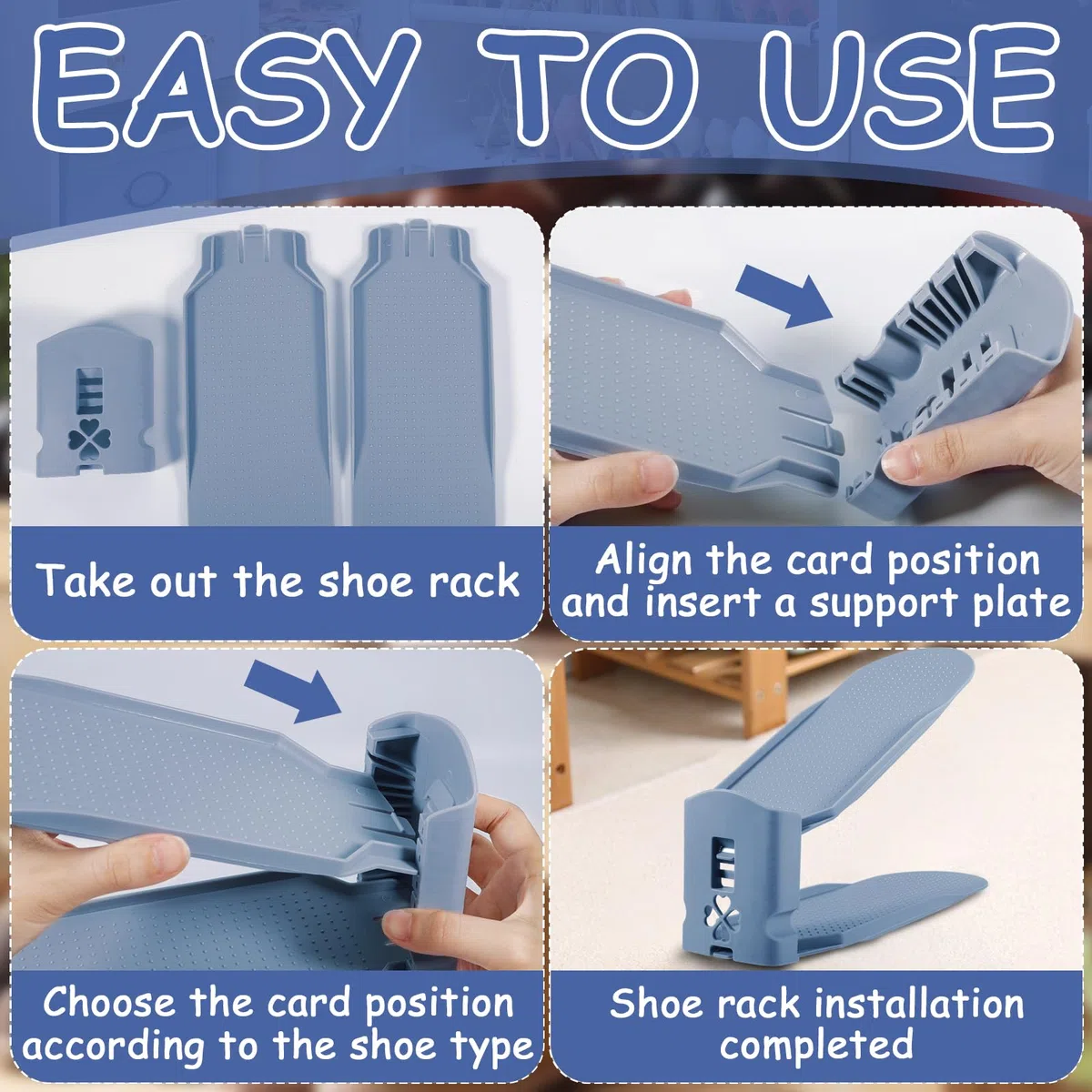 10 pcs Organizadores de Zapatos,Soporte de Calzado de Altura Ajustable,Zapatero Simple,Ranuras para Zapatos,Zapatos Ahorra Espacio, organizador de zapatos de doble cubierta.（neblina azul）