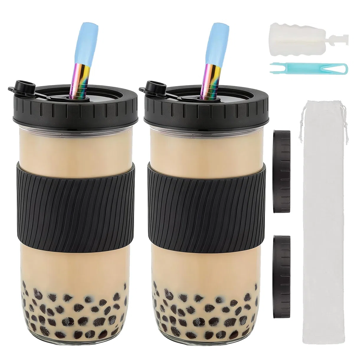 Vaso de té de Burbujas con Pajita y Tapa, 730ML Bubble Tea Cup con Boca Ancha, Reutilizables Taza de té Boba, Vaso de Vidrio Mason Jars Boba Tea, Batidos, Vasos de Cóctel, sin BPA
