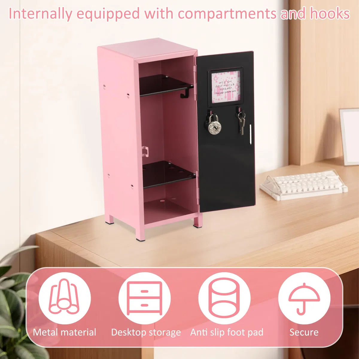 Mini armario con cerradura y llave, de metal roto, pequeño armario portátil, práctico armario de almacenamiento, con compartimentos para escritorio, niñas, niños (rosa)